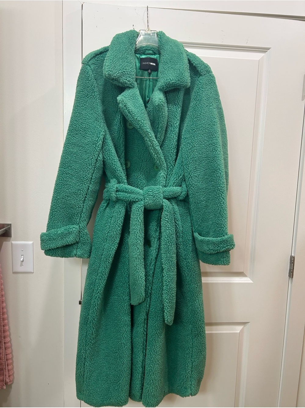 Fashion Nova Emerald Green Teddy Fleece Double Breasted and Belted Coat Sz 1x